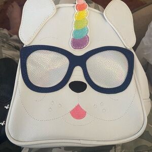 Unicorn Dog Backpack with Rainbow and Blue Accents